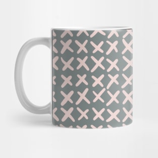 Deepest steel blue and mellow cream Lines and obliques Joining together in geometric imperfection to create a faux Crosstitch pattern Mug